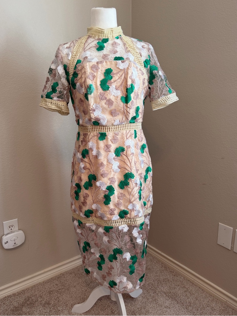 Beige Lace Midi Dress with Green Floral Appliqué